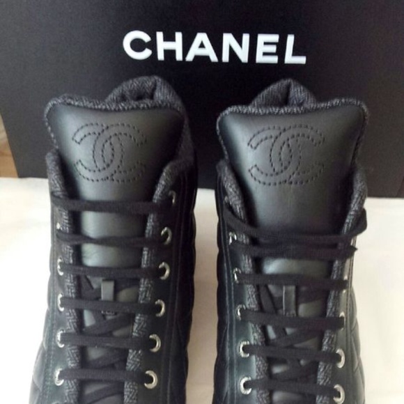 Chanel Lambskin High Top Sneakers Size 37.5 - Picture 5 of 6
